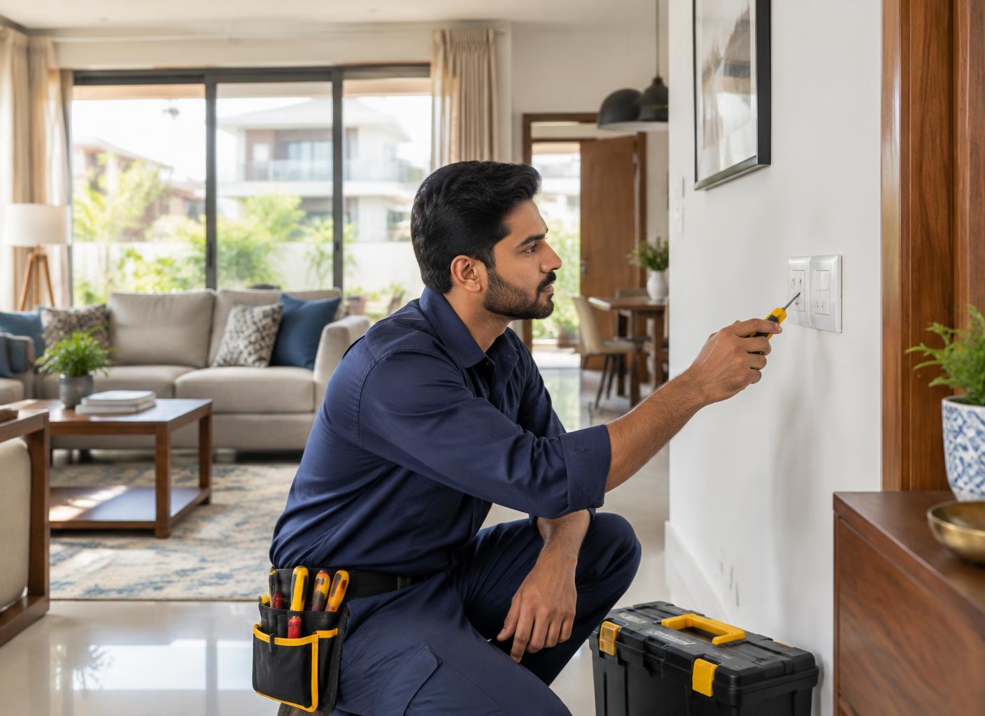 A Handy Man Pak electrician inspecting a fitting in a family home