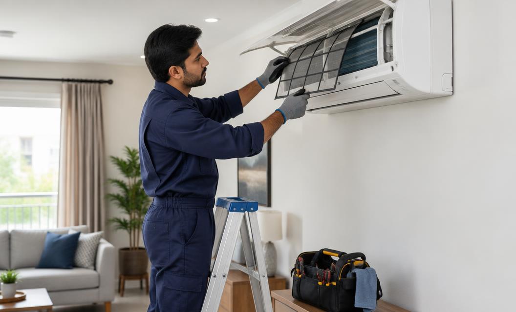 Technician servicing an air conditioner