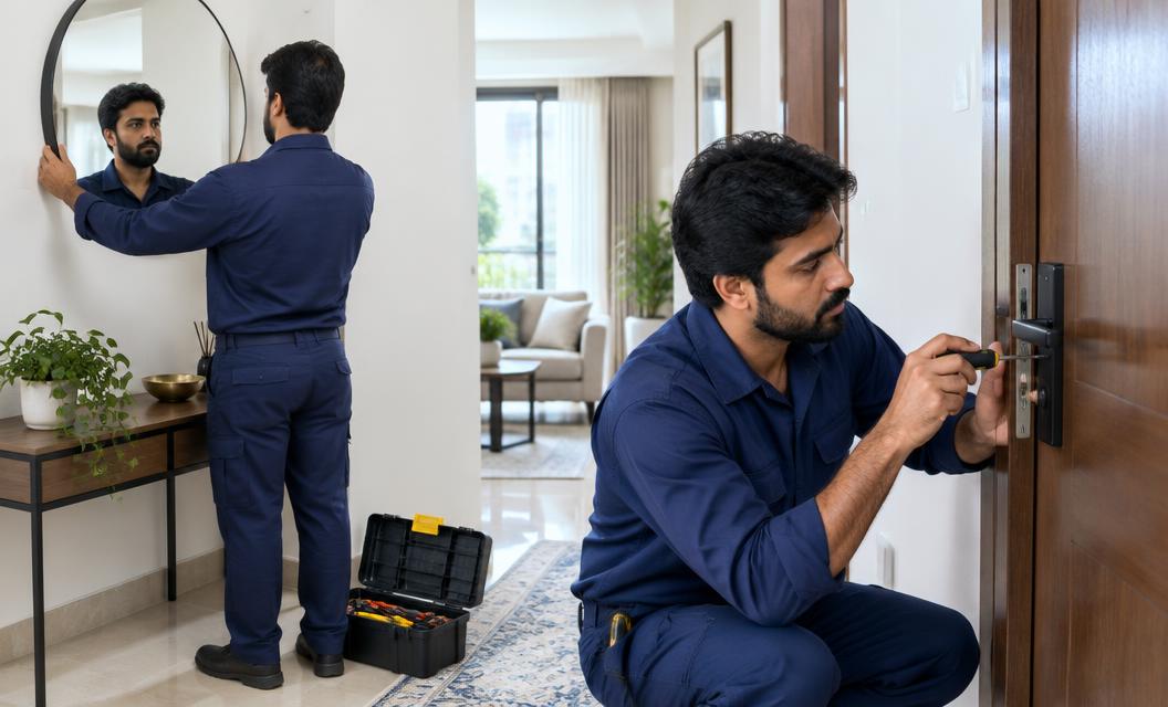 Handyman fixing a lock and mirror