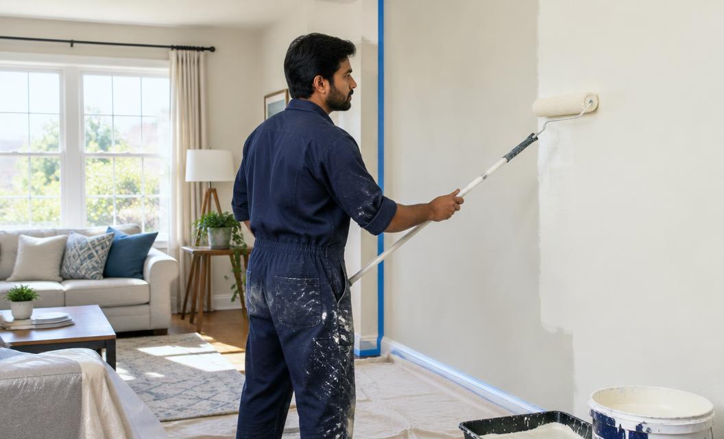 Painter refreshing a living room wall