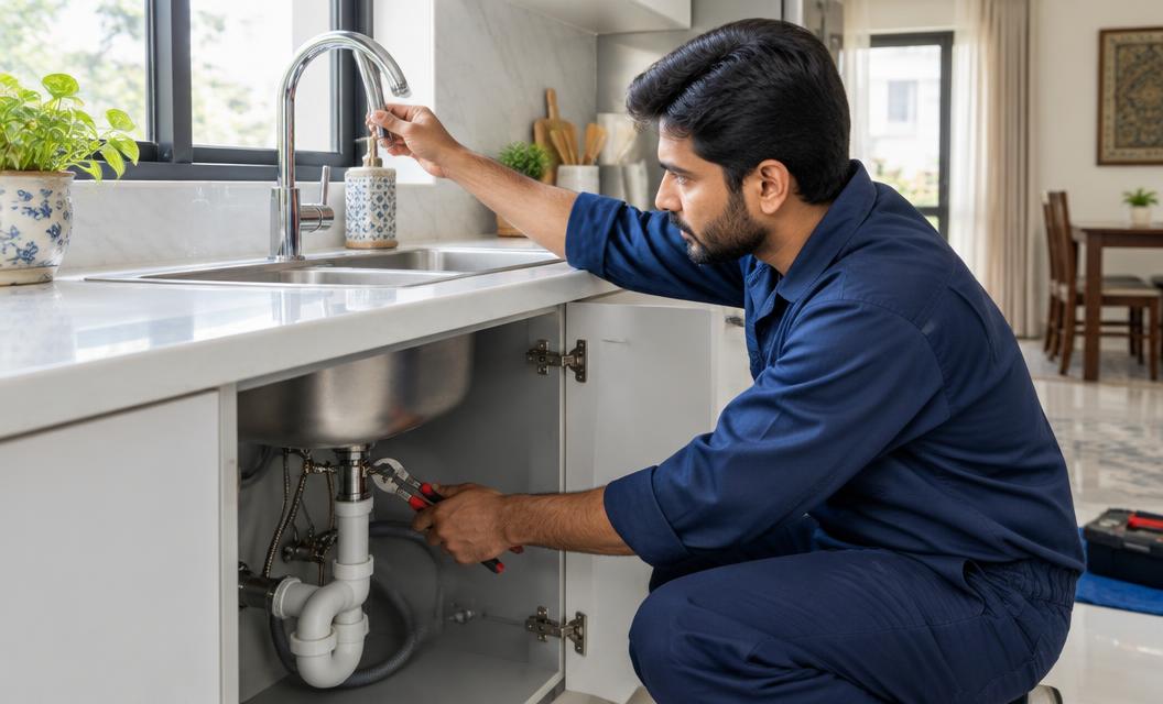 Plumber repairing a kitchen sink