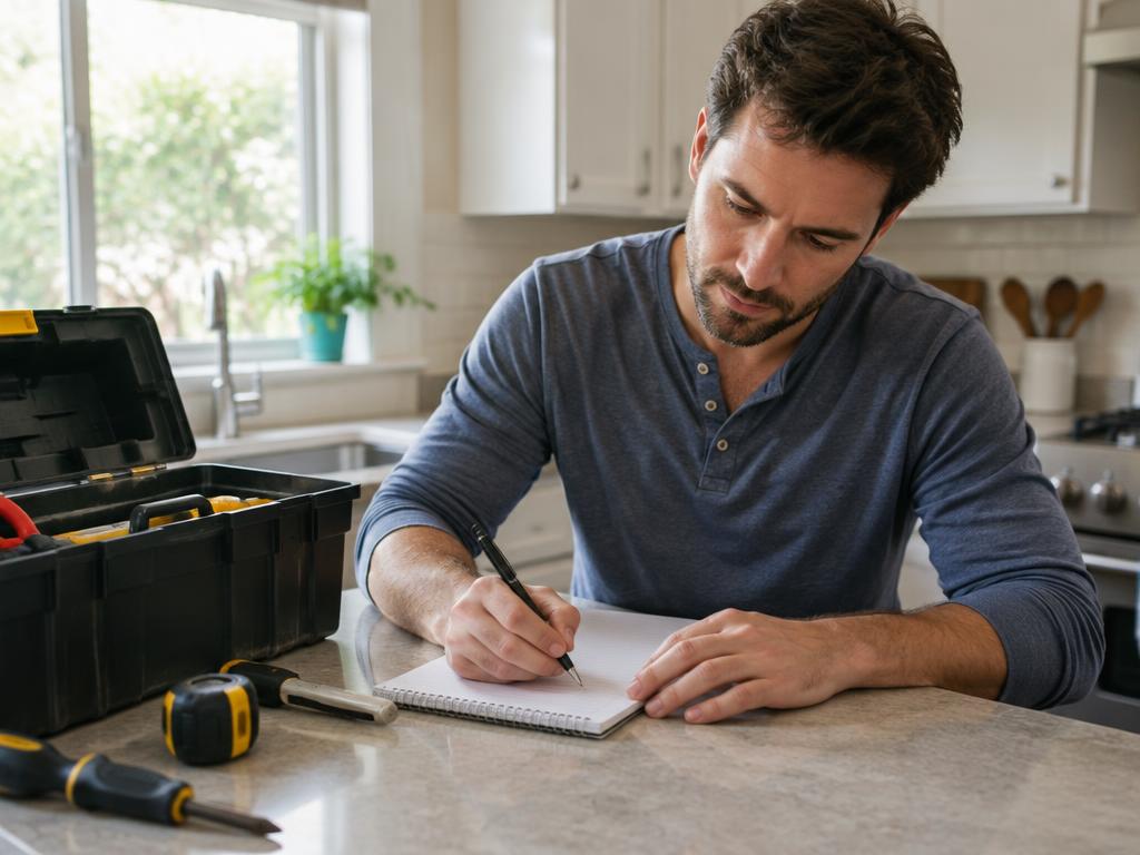 Homeowner writing a list of repairs at a kitchen counter