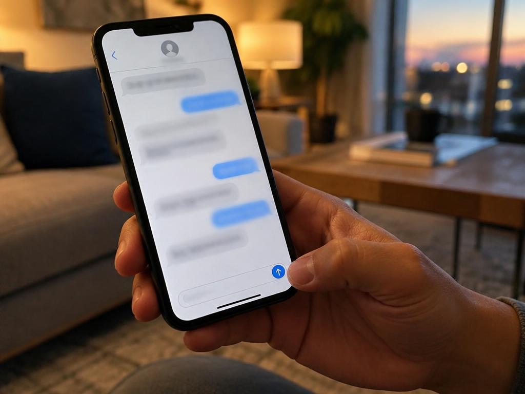 Hand sending a message from a smartphone in a living room